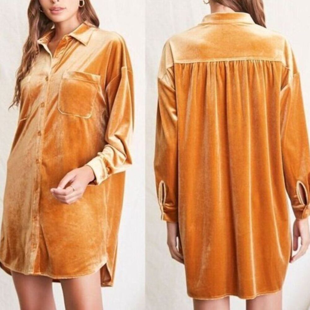 Forever 21 Mini‎ Velour Shirt Dress Women's High Low Stretch Medium Brown $79